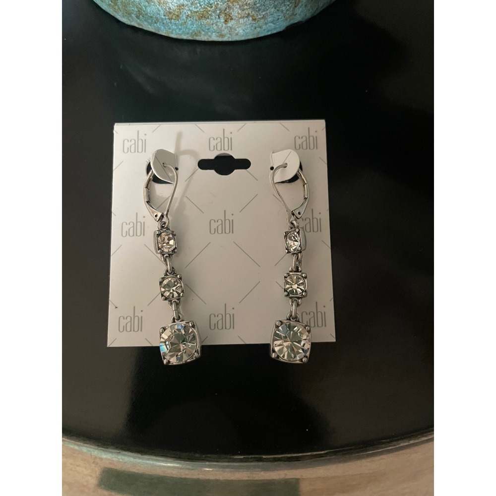 Cabi Silver Tone Graduated Square Crystal Tiered Drop Lever Back Earrings